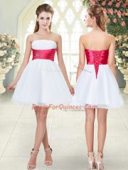 Wonderful Mini Length White Dress for Prom Strapless Sleeveless Lace Up