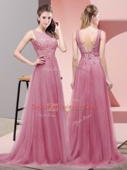 Sleeveless Tulle Sweep Train Lace Up Prom Dress in Pink with Lace