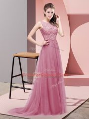 Sleeveless Tulle Sweep Train Lace Up Prom Dress in Pink with Lace