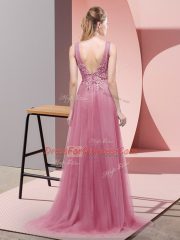 Sleeveless Tulle Sweep Train Lace Up Prom Dress in Pink with Lace