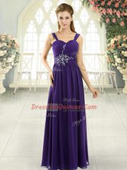 Sophisticated Purple Lace Up Spaghetti Straps Beading and Ruching Chiffon Sleeveless