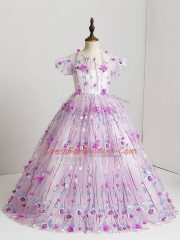 V-neck Short Sleeves Little Girl Pageant Dress Floor Length Hand Made Flower Lilac Tulle