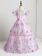 V-neck Short Sleeves Little Girl Pageant Dress Floor Length Hand Made Flower Lilac Tulle