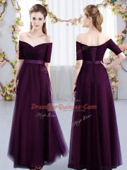 Modern Dark Purple Lace Up Quinceanera Court Dresses Ruching Short Sleeves Floor Length