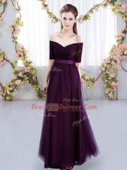 Modern Dark Purple Lace Up Quinceanera Court Dresses Ruching Short Sleeves Floor Length