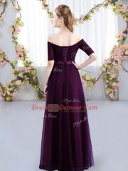 Modern Dark Purple Lace Up Quinceanera Court Dresses Ruching Short Sleeves Floor Length