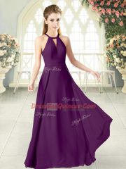 Amazing Floor Length Purple Evening Dress Halter Top Sleeveless Zipper