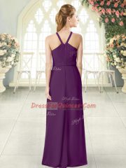 Amazing Floor Length Purple Evening Dress Halter Top Sleeveless Zipper