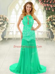 Fancy Turquoise Backless Scoop Lace Prom Evening Gown Chiffon Sleeveless Brush Train