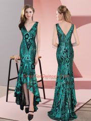 High Low Mermaid Sleeveless Green Prom Dresses Zipper