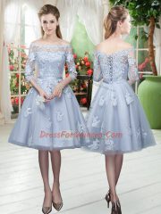 Grey A-line Appliques Prom Evening Gown Lace Up Tulle 3 4 Length Sleeve Knee Length