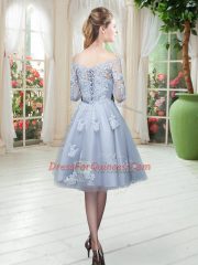 Grey A-line Appliques Prom Evening Gown Lace Up Tulle 3 4 Length Sleeve Knee Length