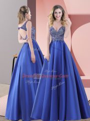 Blue Backless Homecoming Dress Beading Sleeveless Floor Length Sweep Train