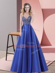 Blue Backless Homecoming Dress Beading Sleeveless Floor Length Sweep Train