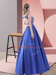 Blue Backless Homecoming Dress Beading Sleeveless Floor Length Sweep Train