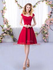 Knee Length Red Damas Dress Satin Cap Sleeves Ruching