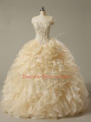 Sweetheart Sleeveless Quinceanera Gowns Floor Length Beading and Ruffles Champagne Organza