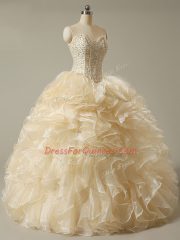 Sweetheart Sleeveless Quinceanera Gowns Floor Length Beading and Ruffles Champagne Organza