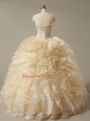Sweetheart Sleeveless Quinceanera Gowns Floor Length Beading and Ruffles Champagne Organza