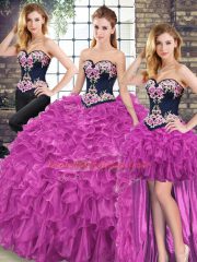 Sweep Train Ball Gowns Quinceanera Dress Fuchsia Sweetheart Organza Sleeveless Lace Up