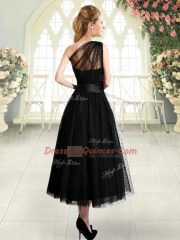 Flirting Black Side Zipper Prom Gown Ruching Sleeveless Tea Length