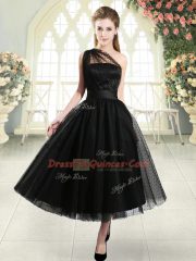 Flirting Black Side Zipper Prom Gown Ruching Sleeveless Tea Length