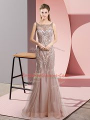Pink Tulle Zipper Scoop Sleeveless Floor Length Evening Dress Beading