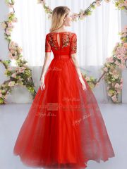 Graceful Empire Quinceanera Dama Dress Red Scoop Tulle Short Sleeves Floor Length Zipper