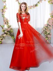 Graceful Empire Quinceanera Dama Dress Red Scoop Tulle Short Sleeves Floor Length Zipper