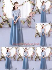 Vintage Blue Scoop Neckline Lace Court Dresses for Sweet 16 Half Sleeves Lace Up