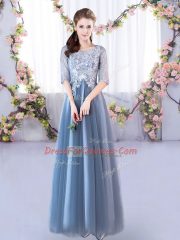 Vintage Blue Scoop Neckline Lace Court Dresses for Sweet 16 Half Sleeves Lace Up