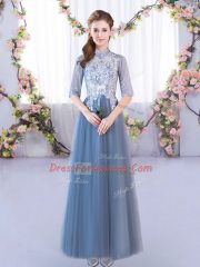 Vintage Blue Scoop Neckline Lace Court Dresses for Sweet 16 Half Sleeves Lace Up