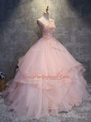 Pink Tulle Lace Up 15 Quinceanera Dress Sleeveless Floor Length Appliques and Ruffles