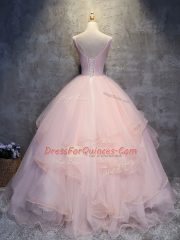 Pink Tulle Lace Up 15 Quinceanera Dress Sleeveless Floor Length Appliques and Ruffles