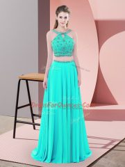 Aqua Blue Sleeveless Elastic Woven Satin Sweep Train Backless for Prom and Party