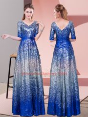 Royal Blue Empire Sequined V-neck Half Sleeves Ruching Floor Length Zipper Prom Party Dress