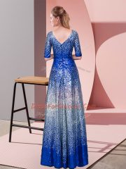 Royal Blue Empire Sequined V-neck Half Sleeves Ruching Floor Length Zipper Prom Party Dress