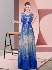 Royal Blue Empire Sequined V-neck Half Sleeves Ruching Floor Length Zipper Prom Party Dress