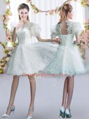 Fine White Scoop Lace Up Lace Quinceanera Court Dresses Short Sleeves