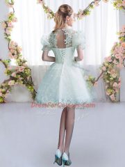 Fine White Scoop Lace Up Lace Quinceanera Court Dresses Short Sleeves