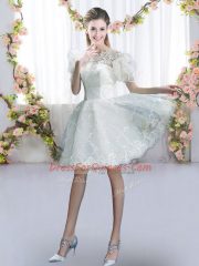 Fine White Scoop Lace Up Lace Quinceanera Court Dresses Short Sleeves