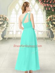 Wonderful Aqua Blue Chiffon Zipper Prom Gown Sleeveless Ankle Length Ruching