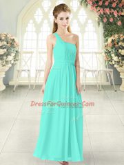 Wonderful Aqua Blue Chiffon Zipper Prom Gown Sleeveless Ankle Length Ruching