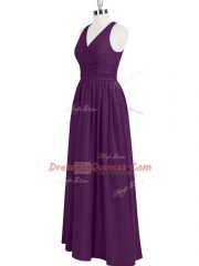 Dazzling V-neck Sleeveless Prom Dresses Floor Length Ruching Eggplant Purple Chiffon