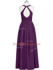 Dazzling V-neck Sleeveless Prom Dresses Floor Length Ruching Eggplant Purple Chiffon