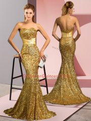 Sequined Sweetheart Sleeveless Sweep Train Zipper Beading Prom Gown in Gold