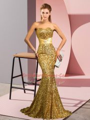 Sequined Sweetheart Sleeveless Sweep Train Zipper Beading Prom Gown in Gold