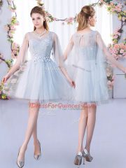 Elegant A-line Damas Dress Grey Scoop Tulle 3 4 Length Sleeve Mini Length Lace Up