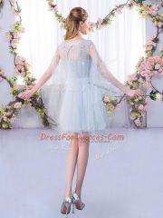Elegant A-line Damas Dress Grey Scoop Tulle 3 4 Length Sleeve Mini Length Lace Up