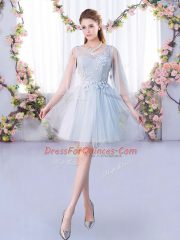 Elegant A-line Damas Dress Grey Scoop Tulle 3 4 Length Sleeve Mini Length Lace Up